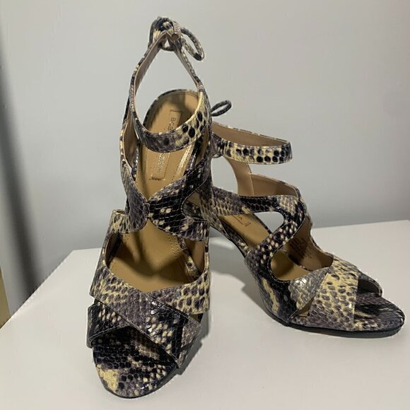 BCBGMaxAzria Shoes - BCBGMaxAzria Snake Print Leather Strappy Stiletto Heels - Size 8/38 - Excellent